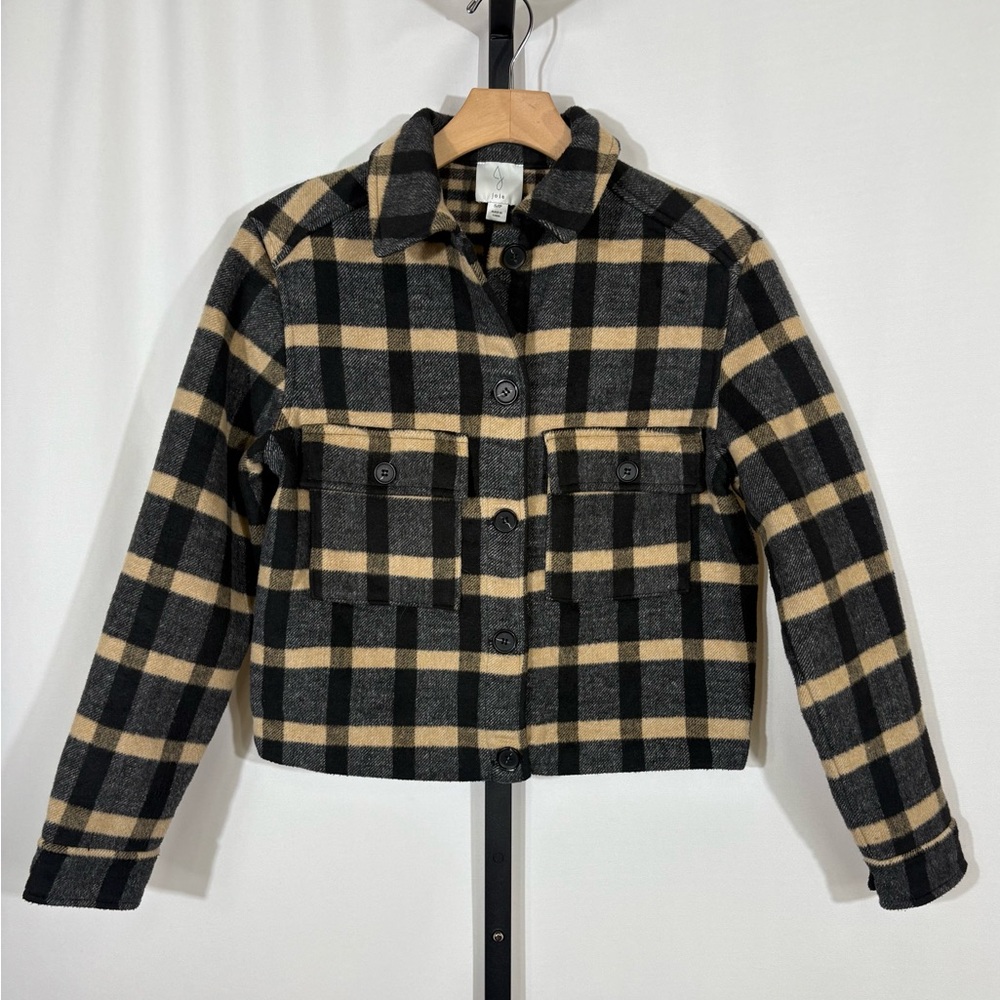 Joie Plaid Brushed Flannel Jacket Shacket Black & Tan Plaid Check Size Small
